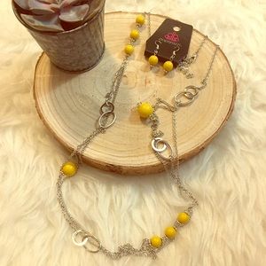 Silver w/ Yellow Beads Necklace & Earrings Set